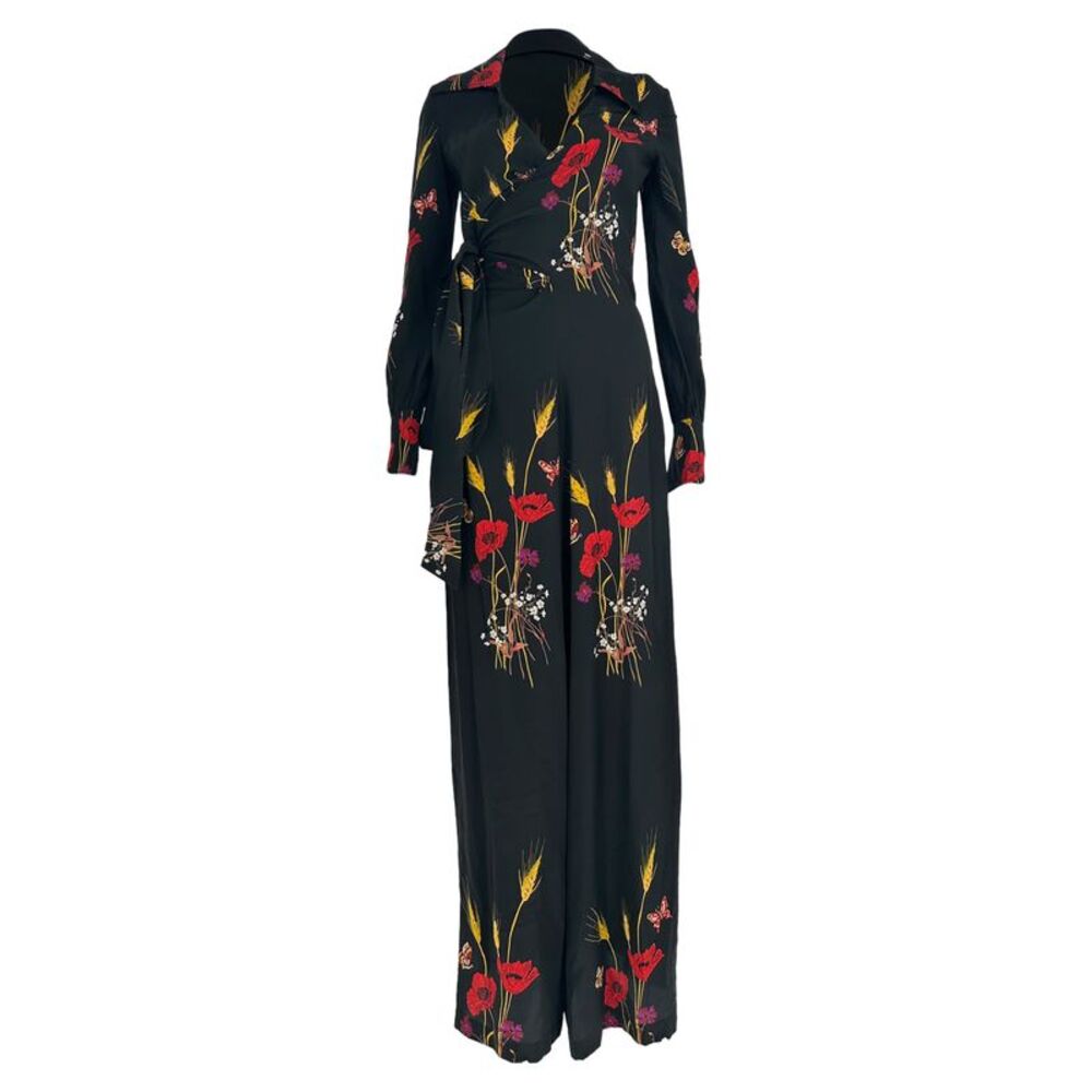 Valentino Floral Print Jumpsuit in Black Silk